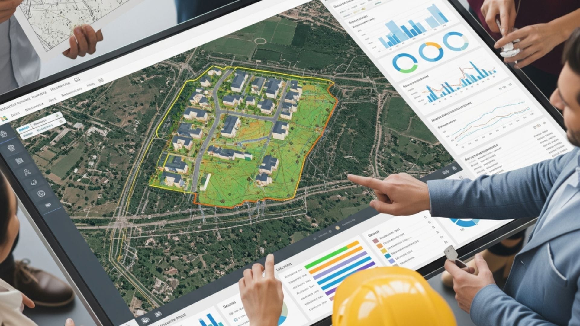 Civil Engineering Outsourcing A group of people reviews a large digital screen displaying a map with building designs, charts, graphs, and data relevant to civil engineering outsourcing projects. They actively discuss strategies for an urban development initiative while a yellow hard hat rests on the table nearby.