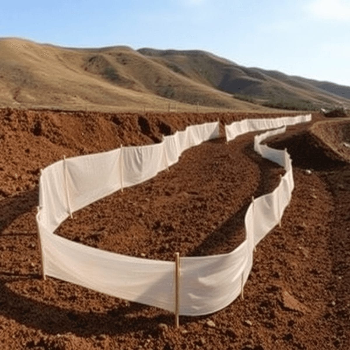 10 Essential Tips for an Effective Erosion and Sediment Control Plan 2 Civil Engineering Outsourcing Certainly! Here’s a version incorporating the keyword civil engineering outsourcing: A dirt path, defined by white mesh barriers and crafted through civil engineering outsourcing efforts, winds its way across a dry, hilly landscape beneath a clear blue sky.