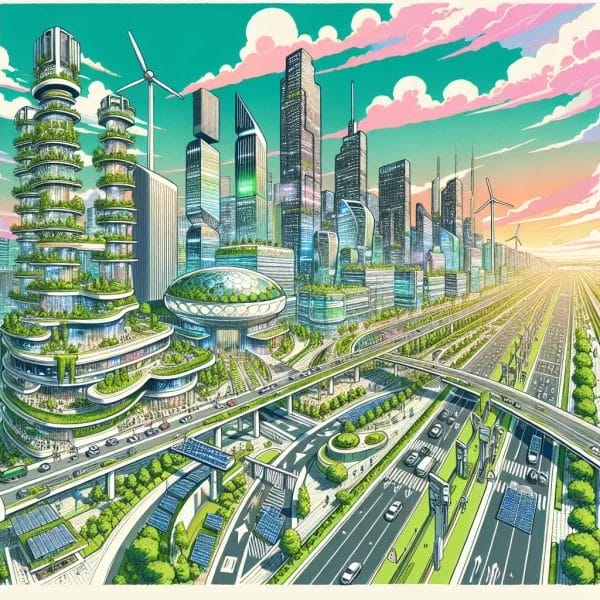 Civil 3D 2026: Civil Engineering Outsourcing A dynamic, futuristic city skyline brought to life through civil engineering outsourcing, showcasing cutting-edge skyscrapers, green rooftop gardens, wind turbines, solar panels, and intricate multilayered highways beneath a radiant sky with artistic clouds.