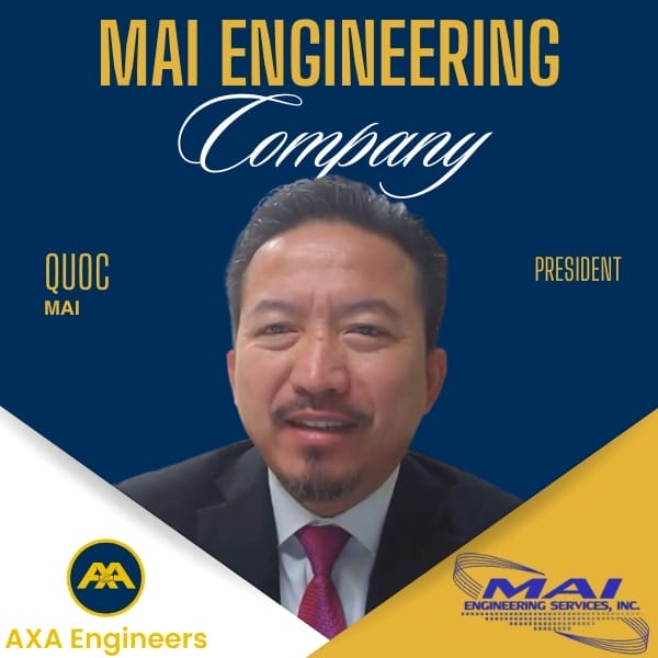 AXA Engineers | Award-winning Civil Engineering Outsourcing Solutions 54 Civil Engineering Outsourcing A man in a suit and tie smiles before a blue-yellow backdrop with a civil engineering outsourcing review and company logos visible.