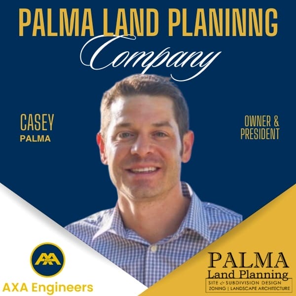 AXA Engineers | Award-winning Civil Engineering Outsourcing Solutions 56 Civil Engineering Outsourcing Smiling man in a blue checkered shirt with text PALMA LAND PLANNING, Casey Palma, Owner & President, AXA Engineers, civil engineering outsourcing, on a blue and yellow background featuring client feedback.