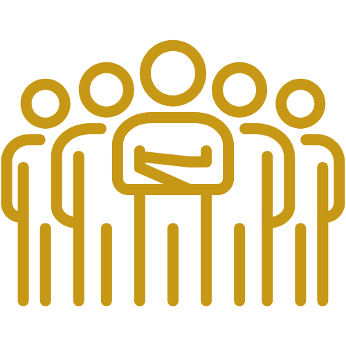 Civil Engineering Outsourcing Simple gold outline of six people, one in front with crossed arms, symbolizing civil engineering outsourcing teamwork on light gray.