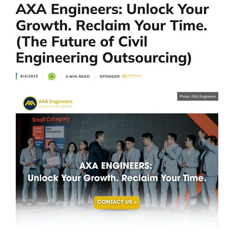 Civil Engineering Outsourcing Professionals in business attire applaud on stage beneath a screen about civil engineering outsourcing at an awards event.