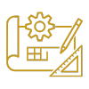 Civil Engineering Outsourcing Yellow line drawing of a blueprint, gear, pencil, and triangular ruler, representing civil engineering outsourcing and design expertise.