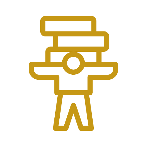 Civil Engineering Outsourcing A simple gold line drawing of a person with outstretched arms, balancing three blocks, representing civil engineering outsourcing. Light gray background.