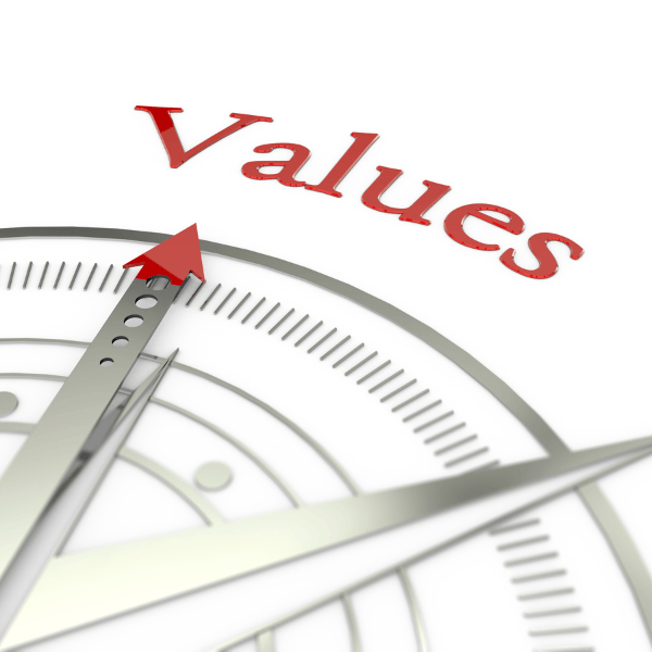 Civil Engineering Outsourcing A compass with its needle pointing toward the word Values in bold red, symbolizing core ethics guiding civil engineering outsourcing.