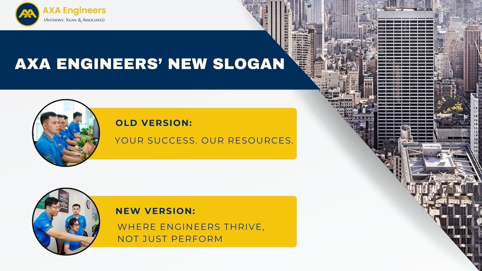 Civil Engineering Outsourcing A promotional graphic for AXA Engineers spotlights their new civil engineering outsourcing slogan, set over cityscape and team images.