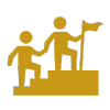 Civil Engineering Outsourcing Icon of two simplified figures climbing stairs; one assists the other while holding a flag, symbolizing civil engineering outsourcing success.