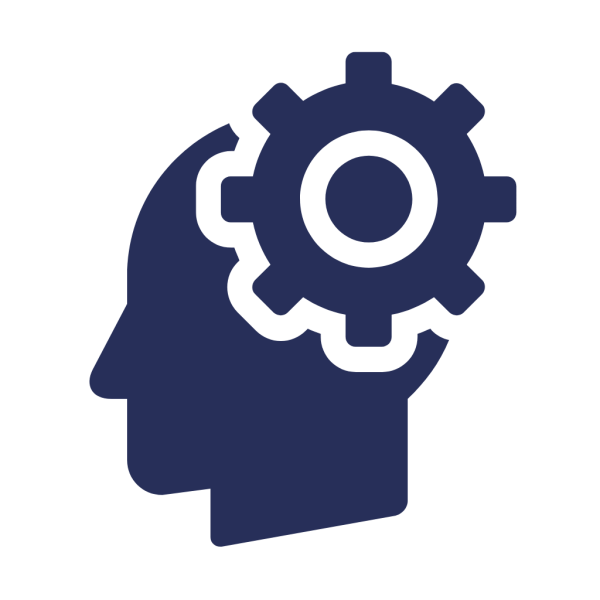 Our Approach 4 Civil Engineering Outsourcing Silhouette of a human head in profile with a gear at the top, representing our approach to civil engineering outsourcing; dark blue on light.