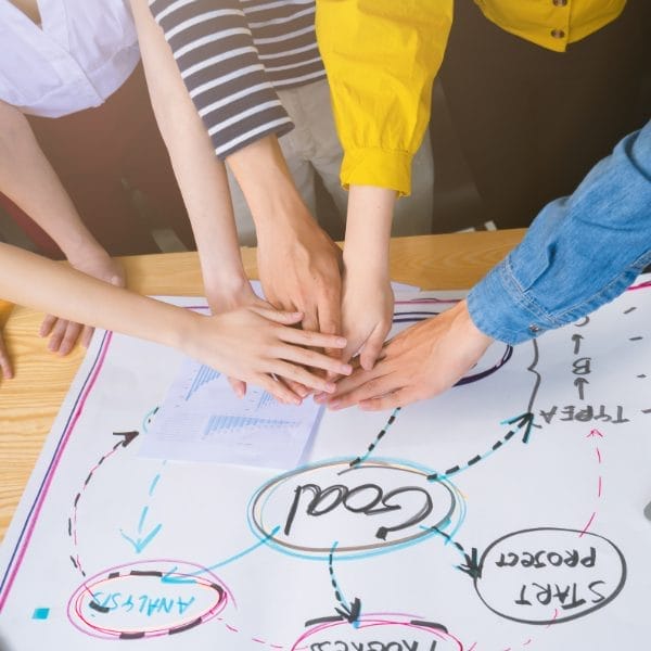 Civil Engineering Outsourcing Several people join hands over a table displaying a diagram labeled Goal, symbolizing civil engineering outsourcing teamwork.