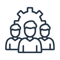 Civil Engineering Outsourcing Outline icon with three people in front of a large gear, representing teamwork and collaboration in civil engineering outsourcing projects.