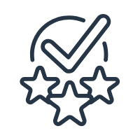 Civil Engineering Outsourcing Outline icon of a large check mark in a partial circle above three stars, symbolizing civil engineering outsourcing excellence.