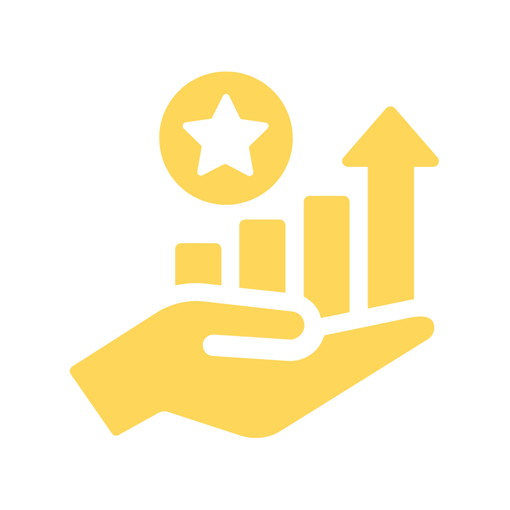 Civil Engineering Outsourcing Yellow icon of a hand holding a rising bar graph with an upward arrow and star, representing civil engineering outsourcing success.