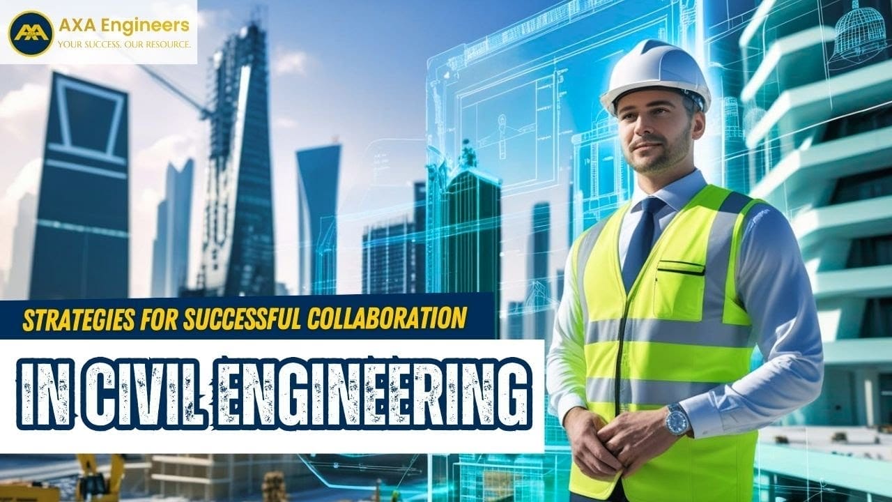 Strategies for Successful Collaboration in Civil Engineering Teams 5 Collaboration in Civil Engineering Outsourcing A male engineer in a hard hat and yellow vest stands before futuristic buildings. Text: Outsourcing Strategies for Civil Engineering Collaboration. AXA Engineers logo in top left corner.