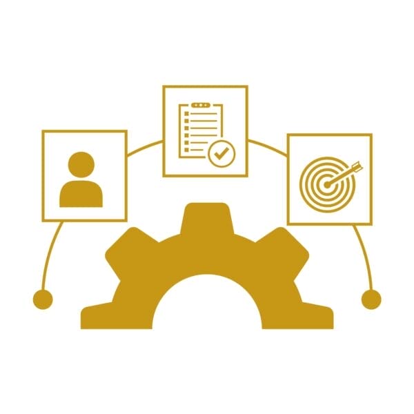 Civil Engineering Outsourcing A gold gear with icons—a person, checklist, and target—linked by lines, symbolizes risk-free civil engineering outsourcing.