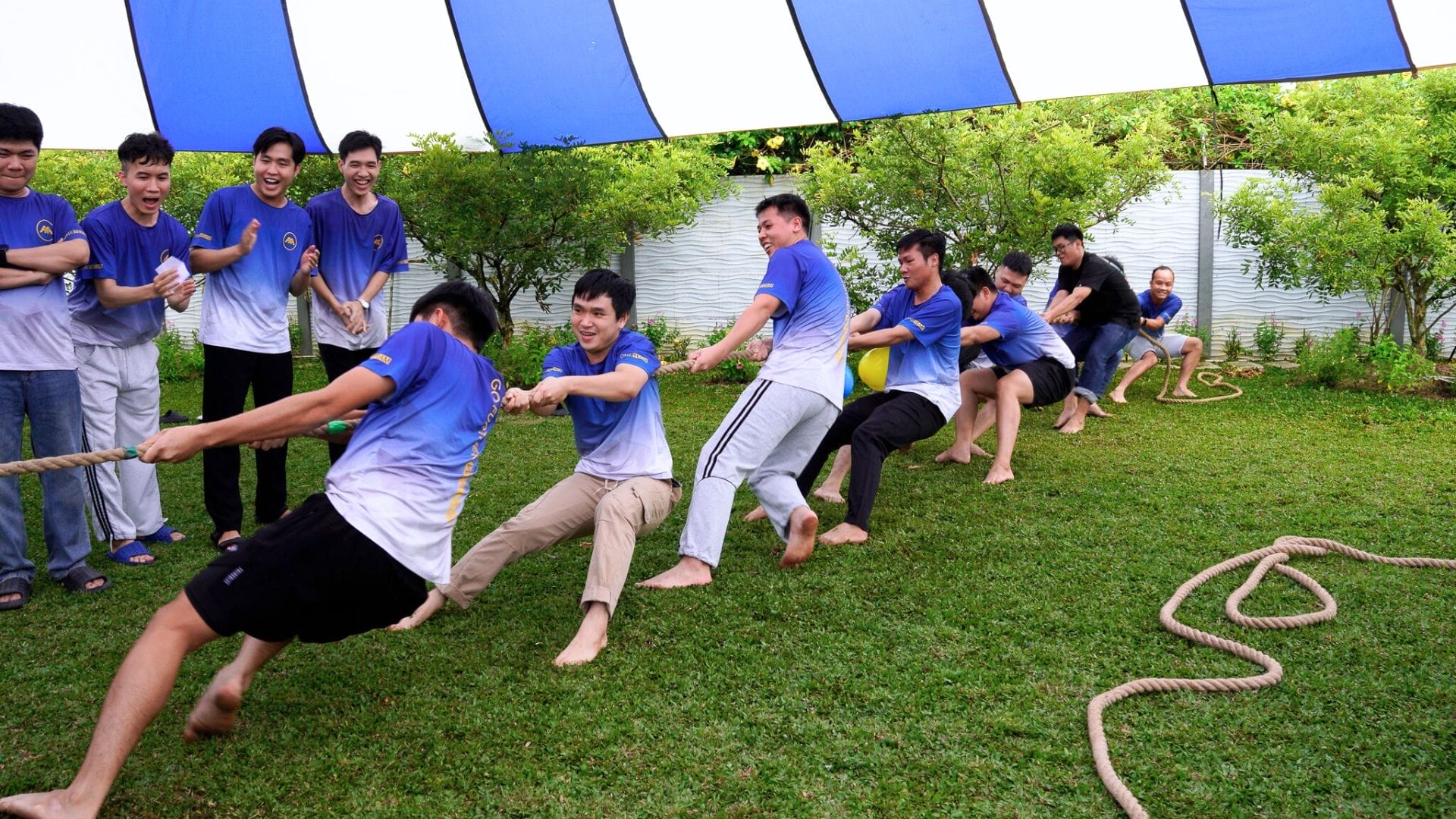 Civil Engineering Outsourcing A group of people in matching blue and white shirts, representing civil engineering outsourcing, play tug-of-war on the lawn, smiling.