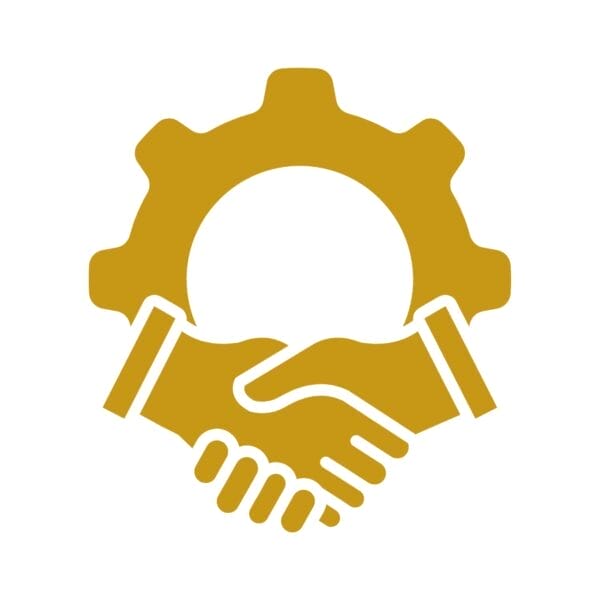 Civil Engineering Outsourcing A gold icon of two hands shaking in front of a gear, representing partnership and teamwork in civil engineering outsourcing.