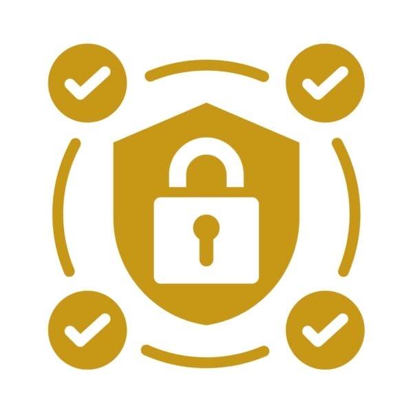 Civil Engineering Outsourcing A gold padlock on a shield with four gold checkmarks and curved lines, representing secure civil engineering outsourcing services.