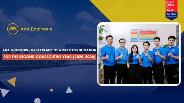 Civil Engineering Outsourcing Six AXA Engineers civil engineering outsourcing staff in blue shirts give thumbs up indoors beside their 2025–2026 certification banner.