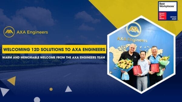Civil Engineering Outsourcing Three people with bouquets and red boxes smile before AXA Engineers, showcasing a civil engineering outsourcing partnership banner.