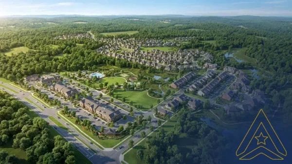 Civil Engineering Outsourcing Aerial view of a suburb displaying civil engineering outsourcing work: homes, roads, a central park with pool, and surrounding woods.