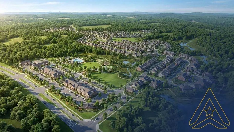 Civil Engineering Outsourcing Aerial view of a suburb displaying civil engineering outsourcing work: homes, roads, a central park with pool, and surrounding woods.