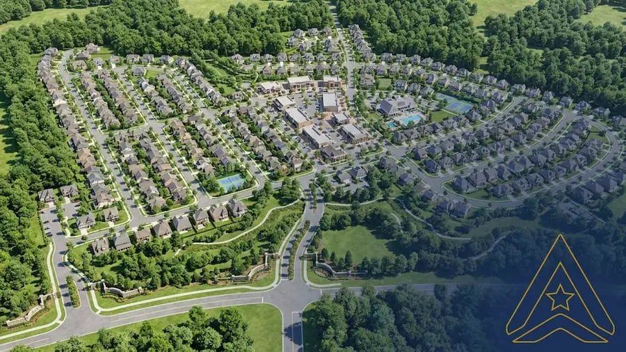 Civil Engineering Outsourcing Aerial view of a planned residential neighborhood with houses, roads, greenery, and sustainable civil engineering outsourcing solutions.