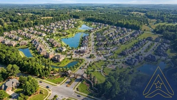 Civil Engineering Outsourcing Aerial view of Marks Creek Development, designed via civil engineering outsourcing, with homes, lakes, green spaces, and a logo star.