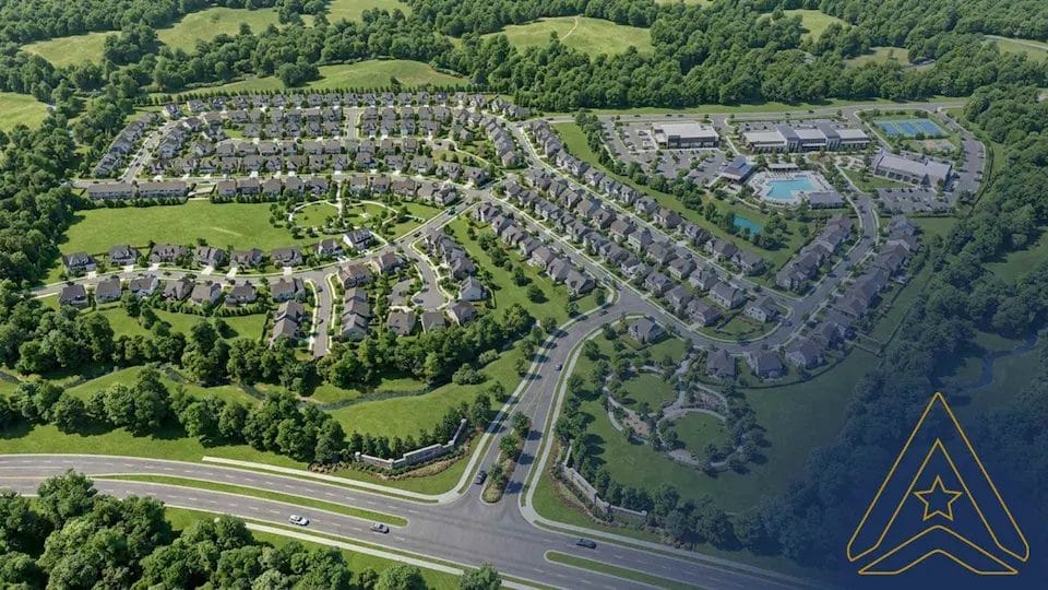 Civil Engineering Outsourcing Aerial view of Mill Stone Development, a suburban neighborhood designed with civil engineering outsourcing for efficient layouts.