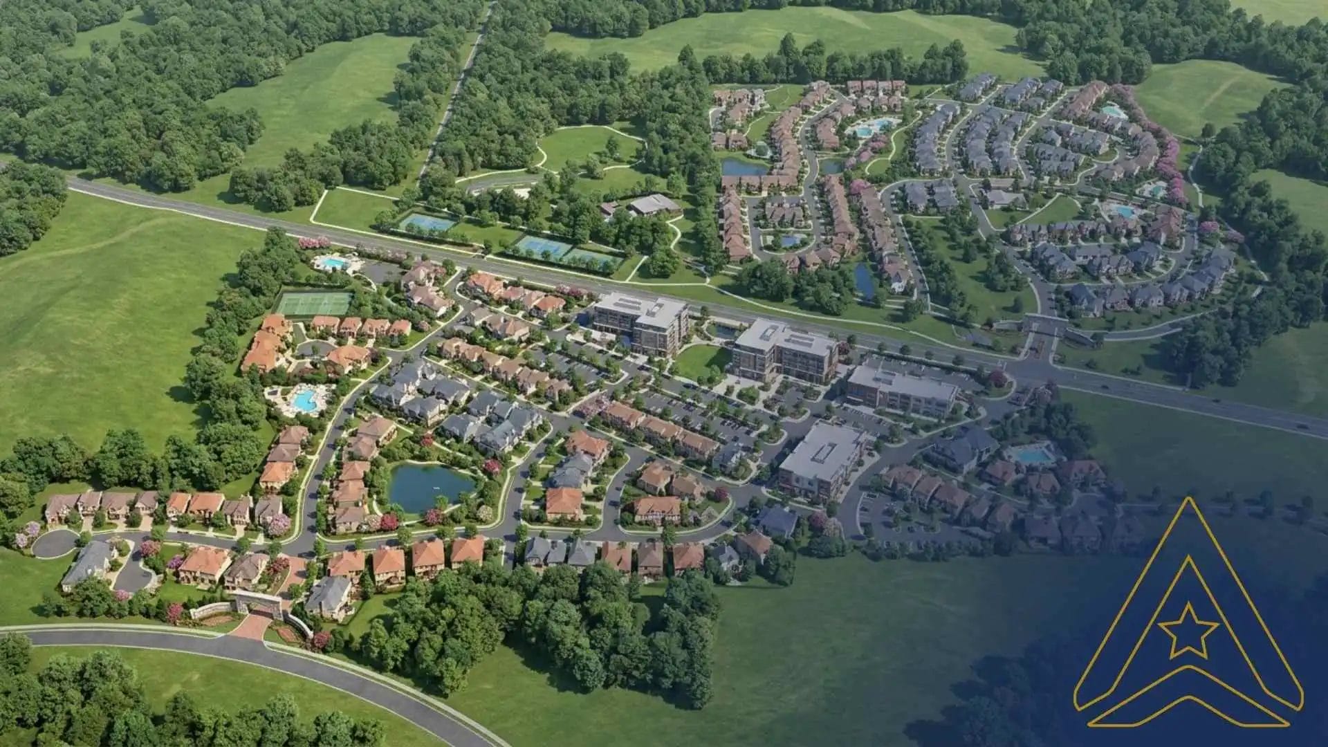 Civil Engineering Outsourcing Aerial view of suburb with curved streets, red and gray-roofed homes, ponds, woods; Robertson Development logo bottom right.
