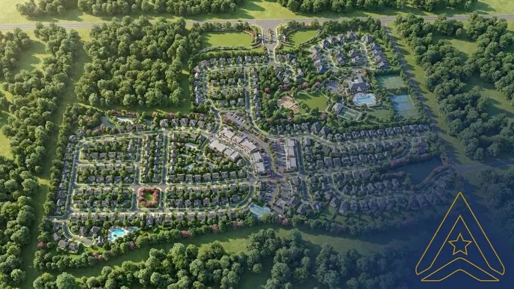 Civil Engineering Outsourcing Aerial view of Riverside Retreat, showing houses, roads, pools, and neighborhood spaces in a forested area. Gold logo bottom right.