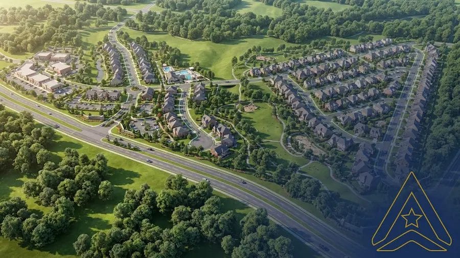 Civil Engineering Outsourcing Aerial view of Tranquil Valley Development by a civil engineering outsourcing firm, featuring homes, pool, greenery, and logo at corner.